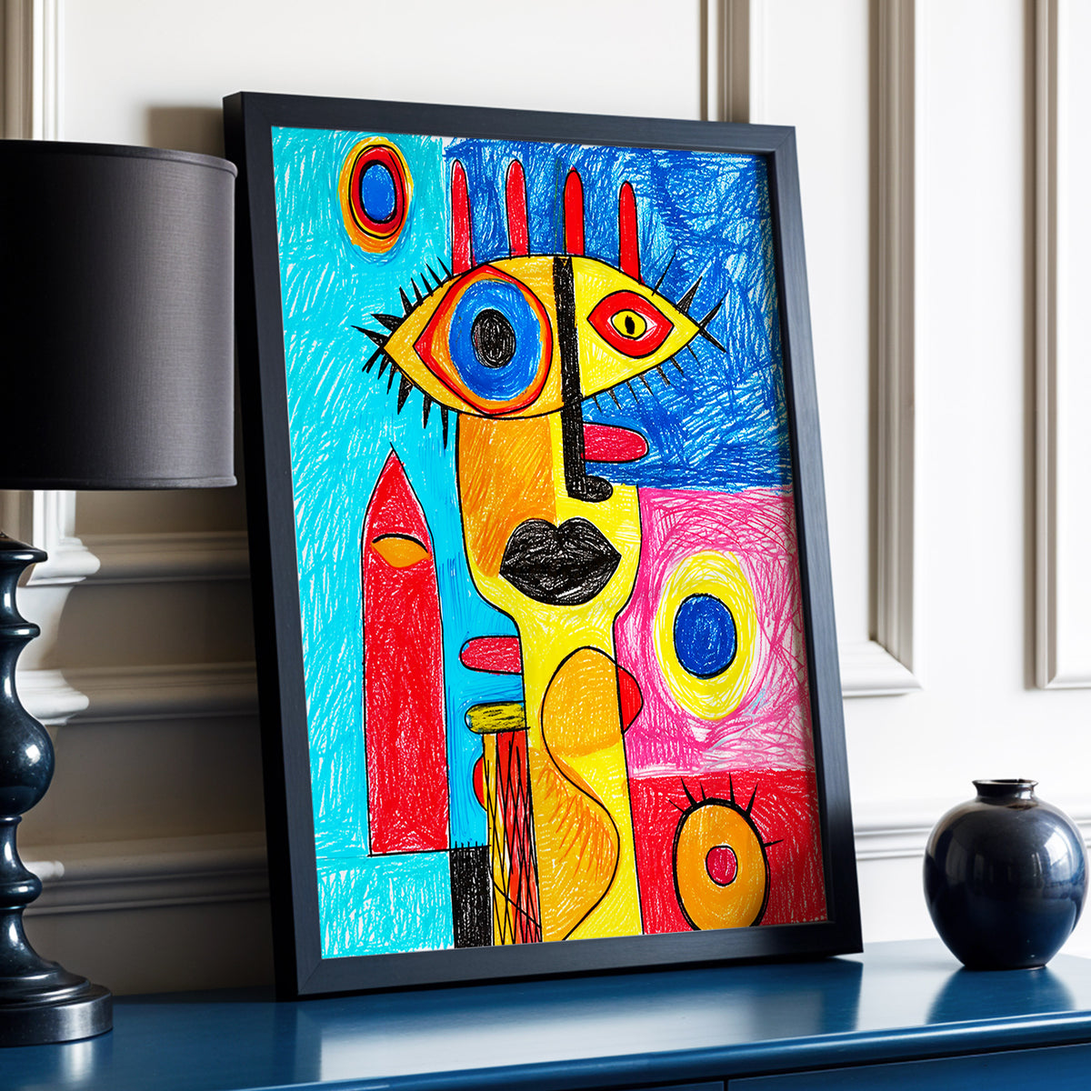 Electric Gaze, blue, red, yellow abstract wall art displayed in a styled interior, gallery view 2
