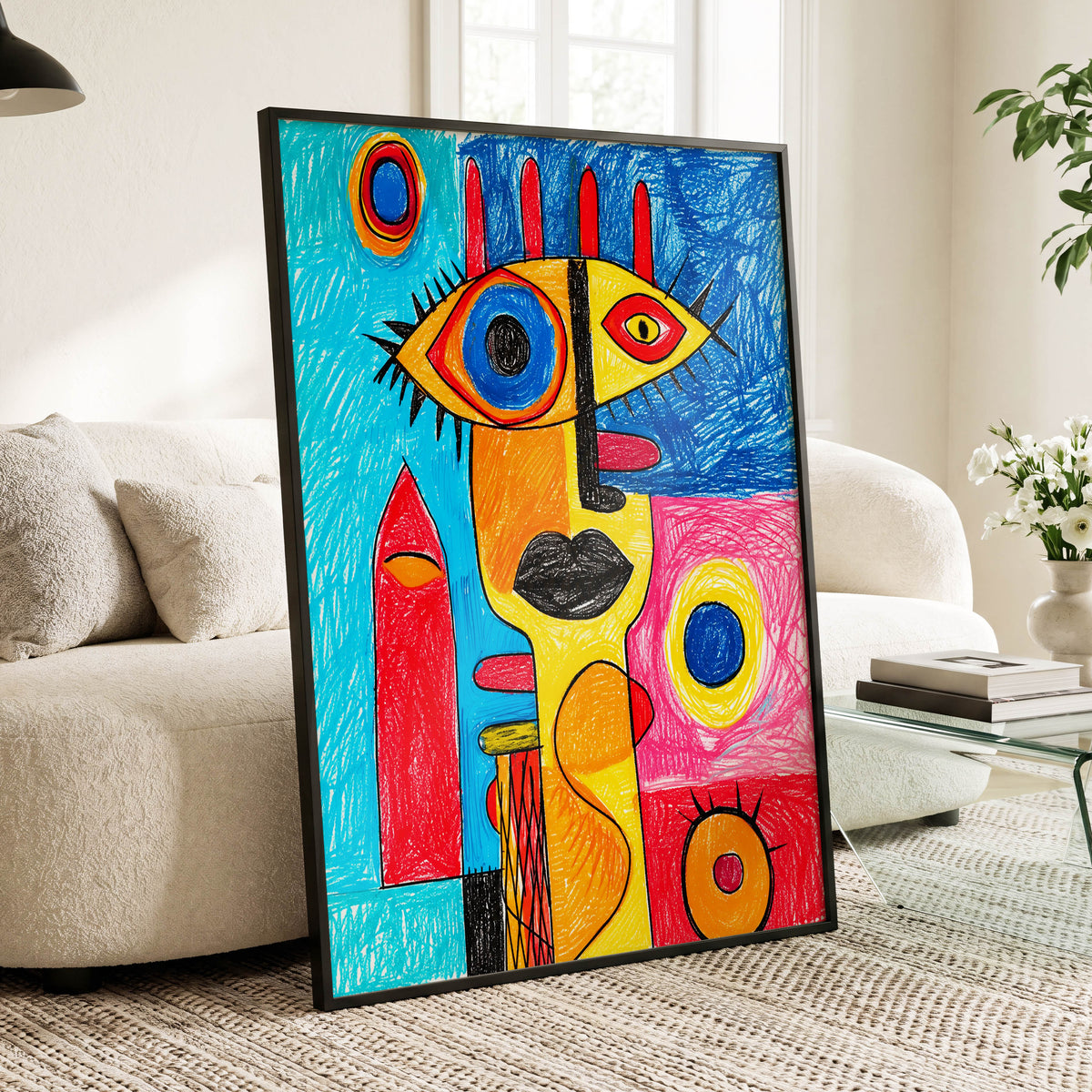 Electric Gaze, blue, red, yellow abstract wall art displayed in a styled interior, gallery view 3