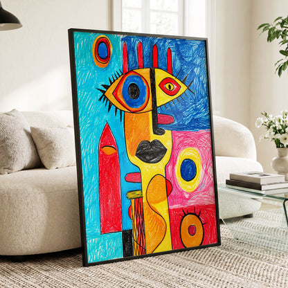 Electric Gaze, blue, red, yellow abstract wall art displayed in a styled interior, gallery view 3