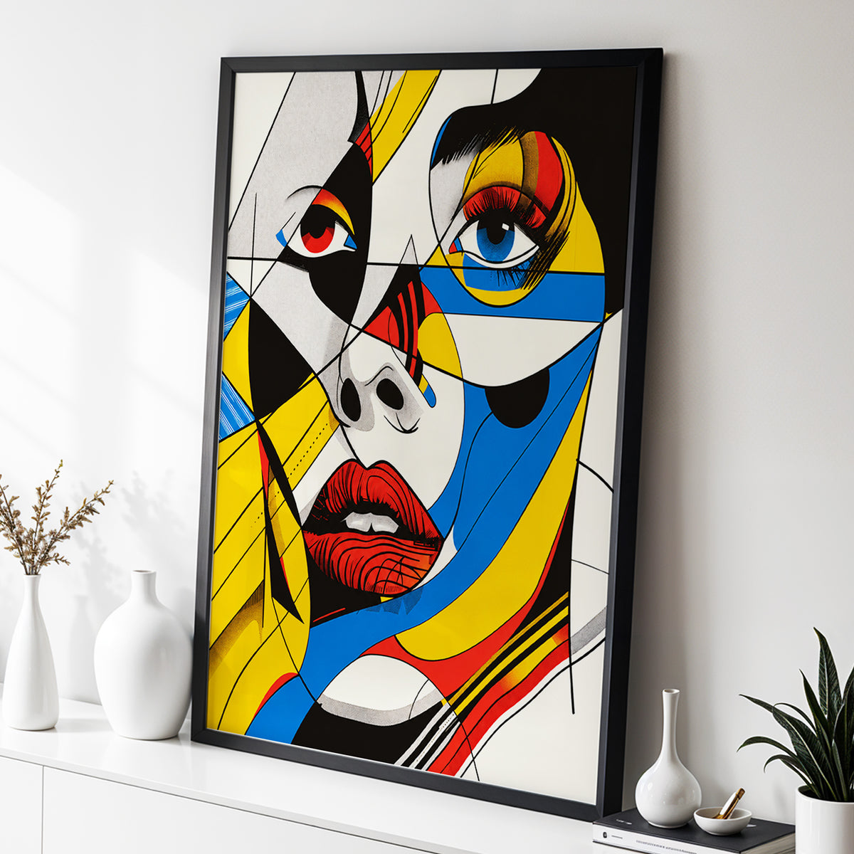 Electric Gaze, yellow, blue, black abstract wall art displayed in a styled interior, gallery view 3