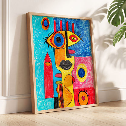 Electric Gaze, blue, red, yellow abstract wall art displayed in a styled interior, gallery view 4