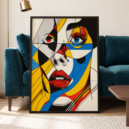 Electric Gaze, yellow, blue, black abstract wall art displayed in a styled interior, gallery view 4