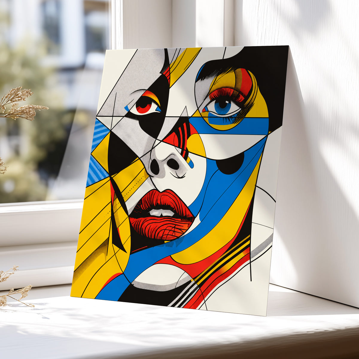Electric Gaze, yellow, blue, black abstract wall art displayed in a styled interior, gallery view 5