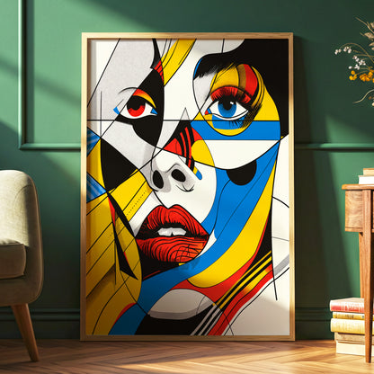 Electric Gaze, yellow, blue, black abstract wall art displayed in a styled interior, gallery view 6