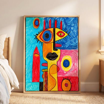 Electric Gaze, blue, red, yellow abstract wall art displayed in a styled interior, gallery view 6