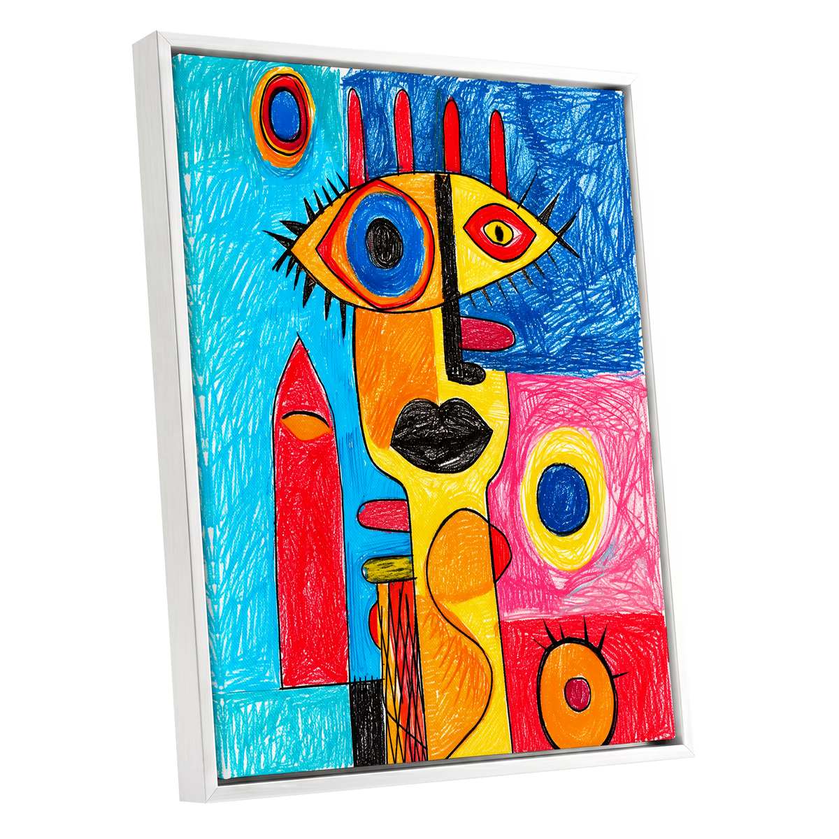 Electric Gaze, blue, red, yellow abstract wall art shown as a white framed canvas wall art