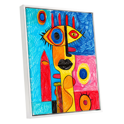 Electric Gaze, blue, red, yellow abstract wall art shown as a white framed canvas wall art