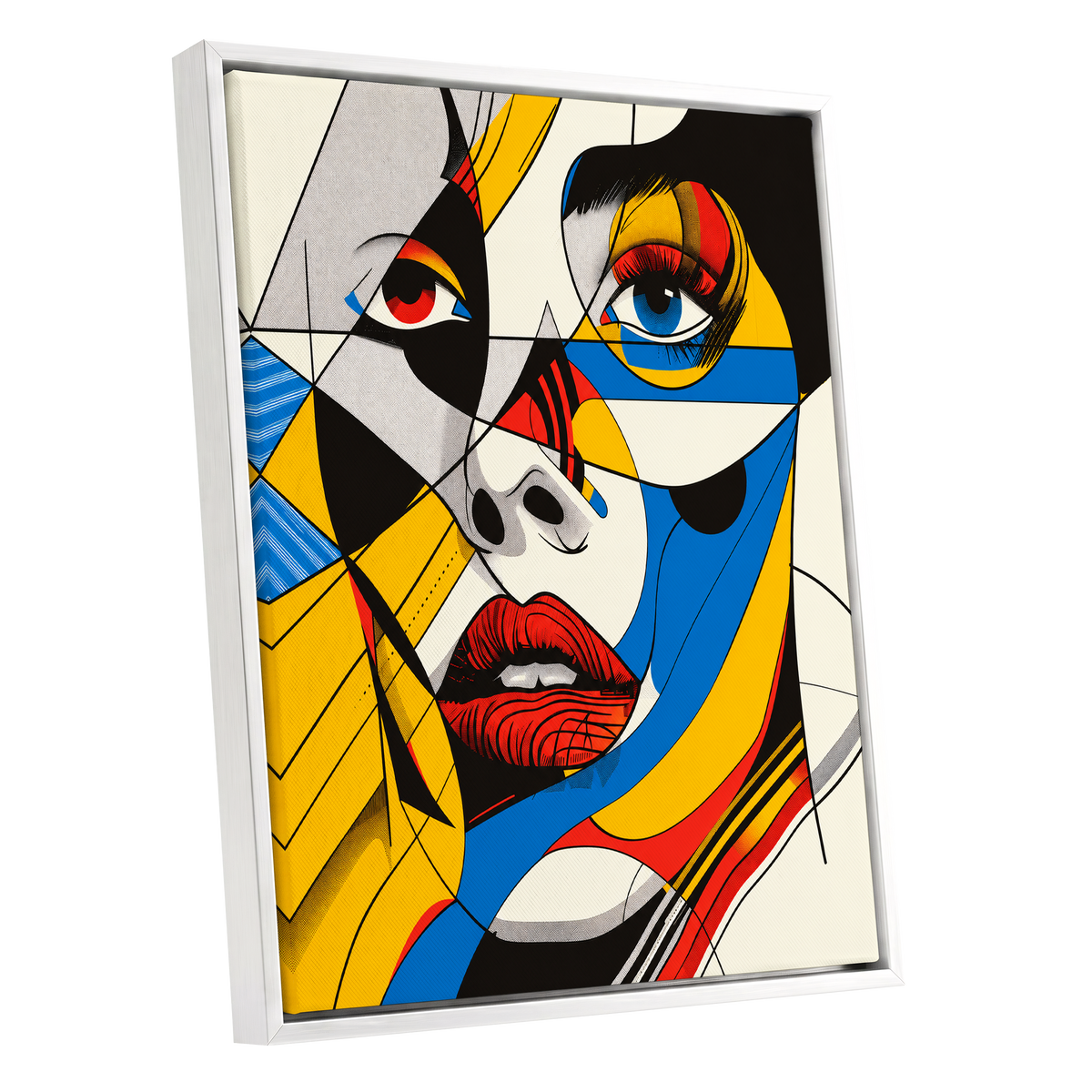 Electric Gaze, yellow, blue, black abstract wall art shown as a white framed canvas wall art