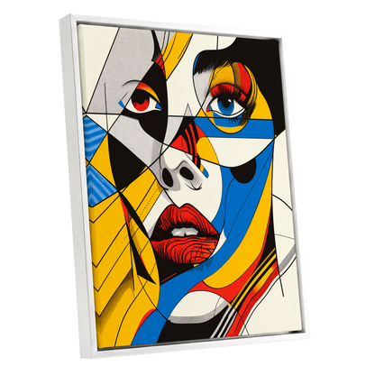 Electric Gaze, yellow, blue, black abstract wall art shown as a white framed canvas wall art