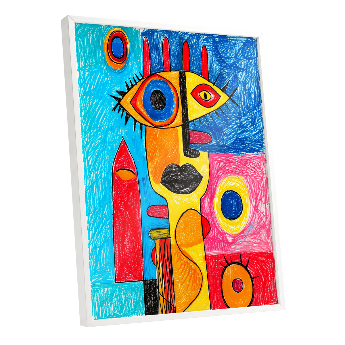 Electric Gaze, blue, red, yellow abstract wall art shown as a white framed poster wall art print
