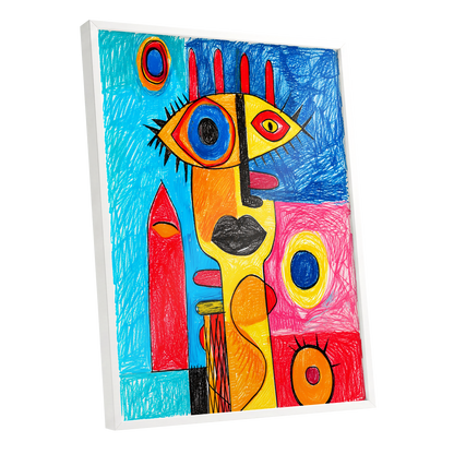 Electric Gaze, blue, red, yellow abstract wall art shown as a white framed poster wall art print