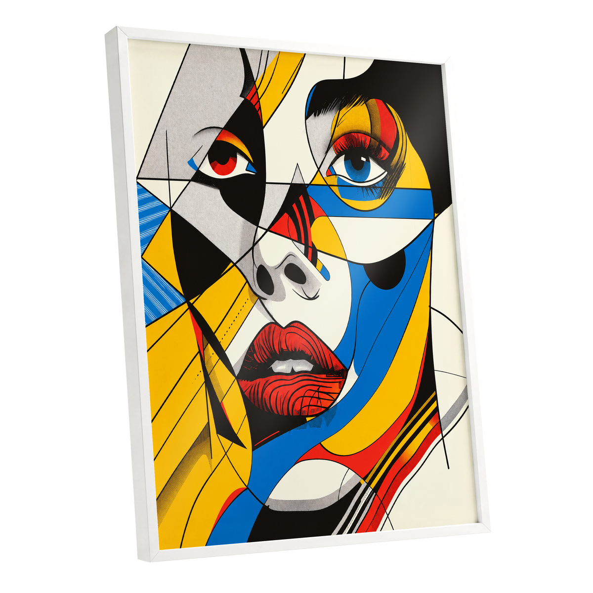 Electric Gaze, yellow, blue, black abstract wall art shown as a white framed poster wall art print