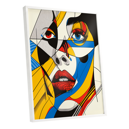 Electric Gaze, yellow, blue, black abstract wall art shown as a white framed poster wall art print