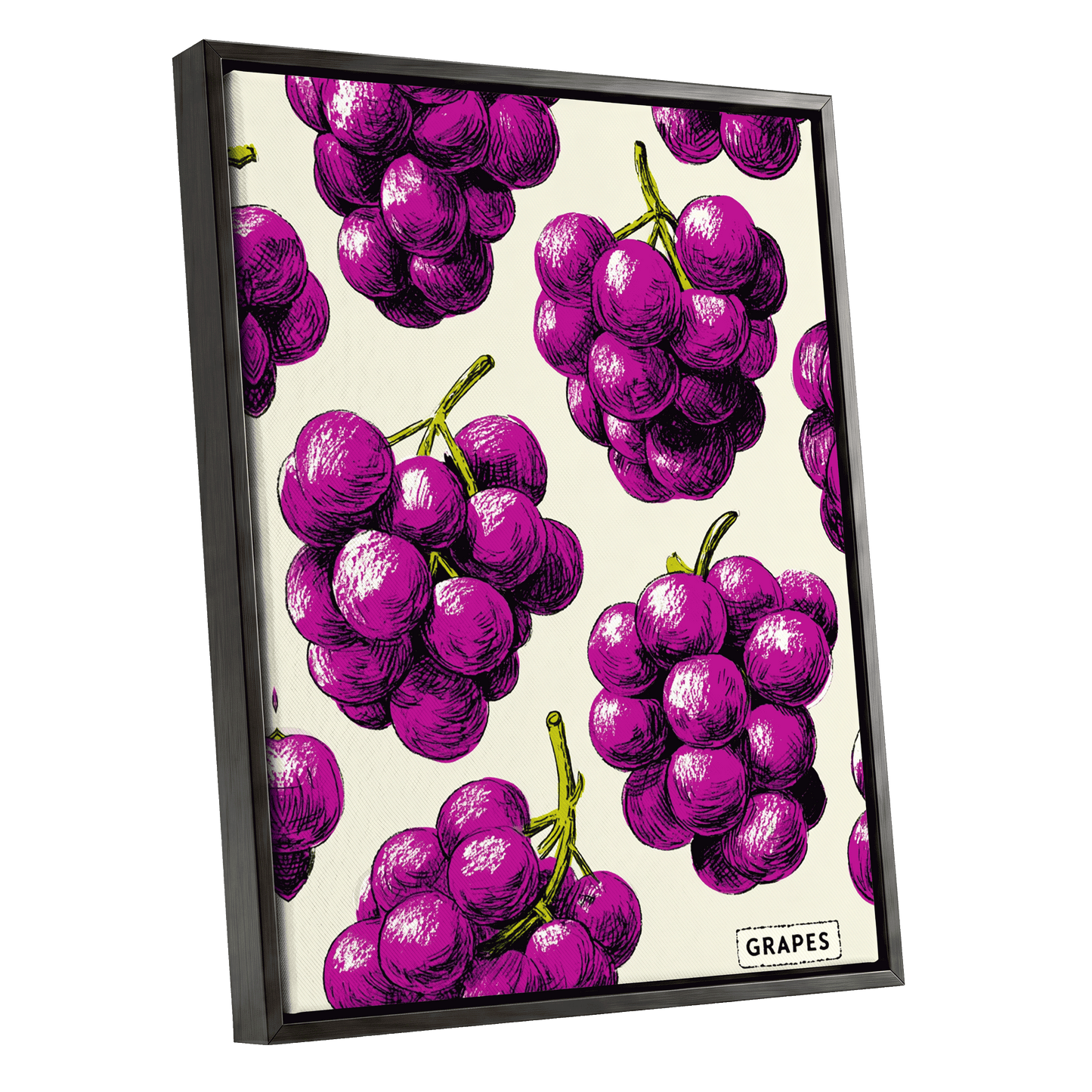 Electric Grape Harvest, purple, pink, black nature wall art shown as a black framed canvas wall art