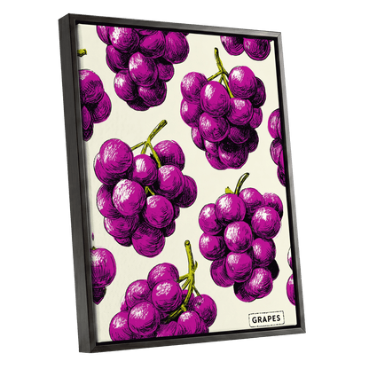 Electric Grape Harvest, purple, pink, black nature wall art shown as a black framed canvas wall art