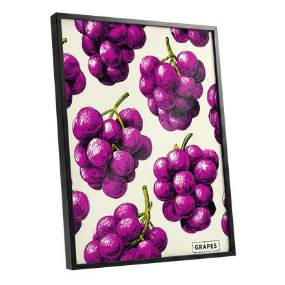 Electric Grape Harvest, purple, pink, black nature wall art shown as a black framed poster wall art print