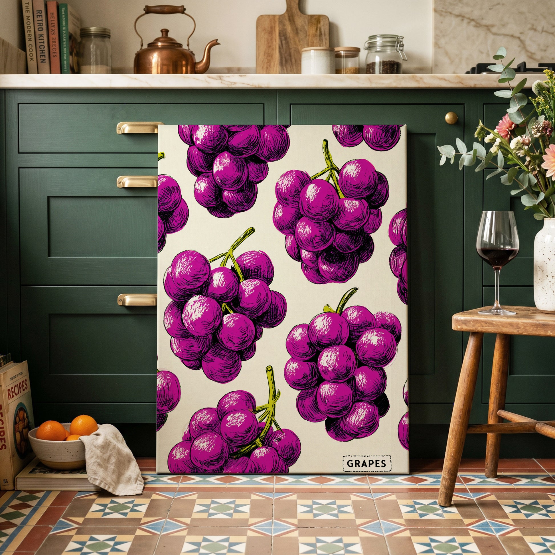 Electric Grape Harvest, purple, pink, black nature wall art on canvas displayed in a styled interior, gallery view 1