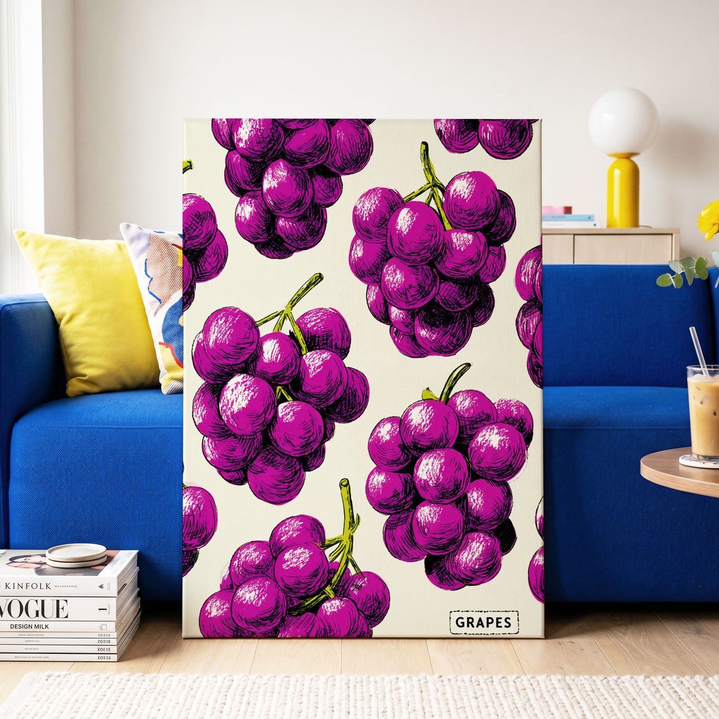 Electric Grape Harvest, purple, pink, black nature wall art on canvas displayed in a styled interior, gallery view 2