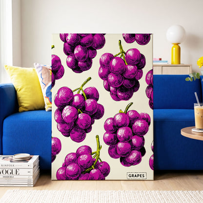 Electric Grape Harvest, purple, pink, black nature wall art on canvas displayed in a styled interior, gallery view 2