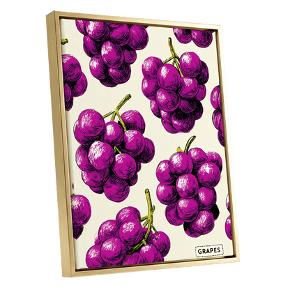 Electric Grape Harvest, purple, pink, black nature wall art shown as a gold framed canvas wall art