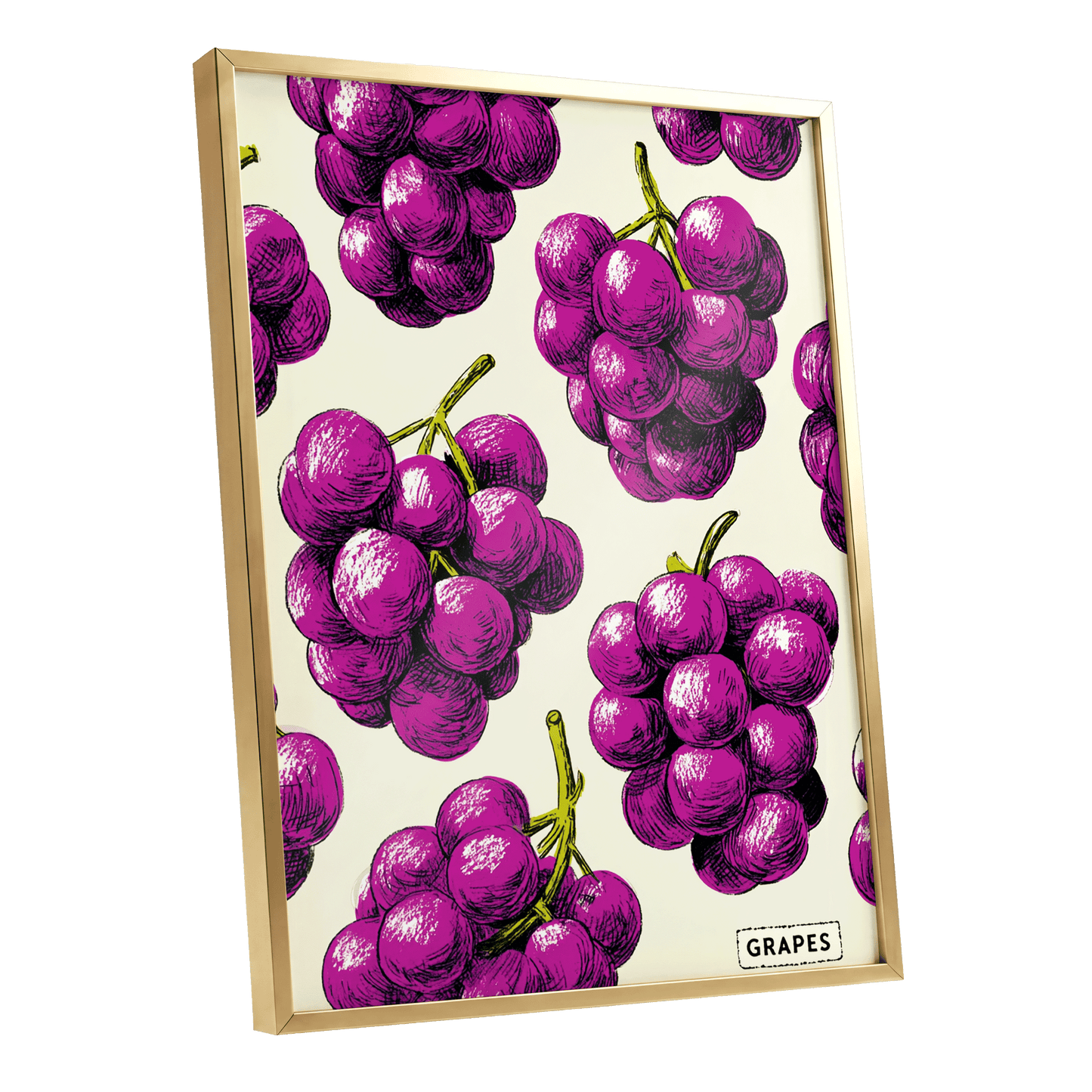 Electric Grape Harvest, purple, pink, black nature wall art shown as a gold framed poster wall art print