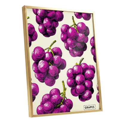 Electric Grape Harvest, purple, pink, black nature wall art shown as a gold framed poster wall art print
