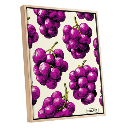 Electric Grape Harvest, purple, pink, black nature wall art shown as a oak framed canvas wall art