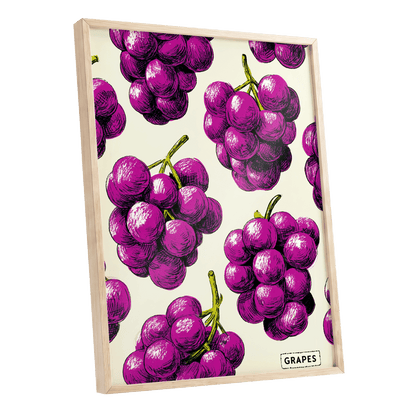 Electric Grape Harvest, purple, pink, black nature wall art shown as a oak framed poster wall art print