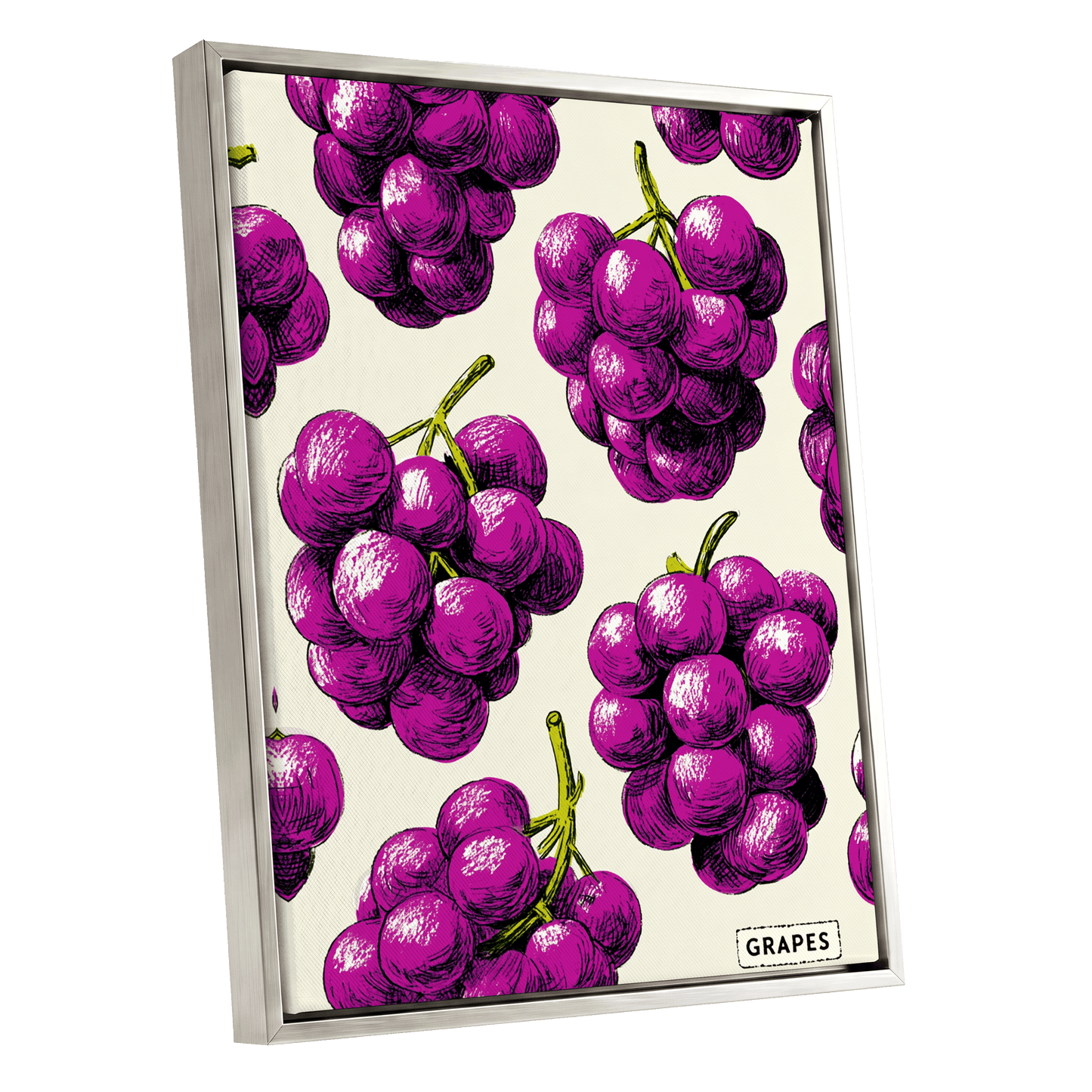 Electric Grape Harvest, purple, pink, black nature wall art shown as a silver framed canvas wall art