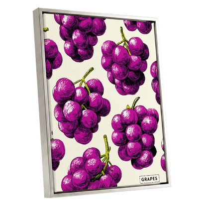 Electric Grape Harvest, purple, pink, black nature wall art shown as a silver framed canvas wall art