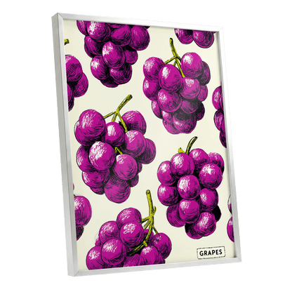 Electric Grape Harvest, purple, pink, black nature wall art shown as a silver framed poster wall art print