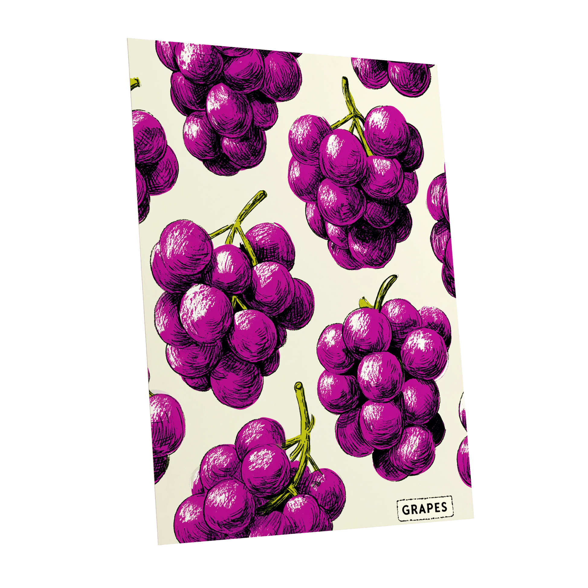 Electric Grape Harvest, purple, pink, black nature wall art shown as a unframed poster wall art print