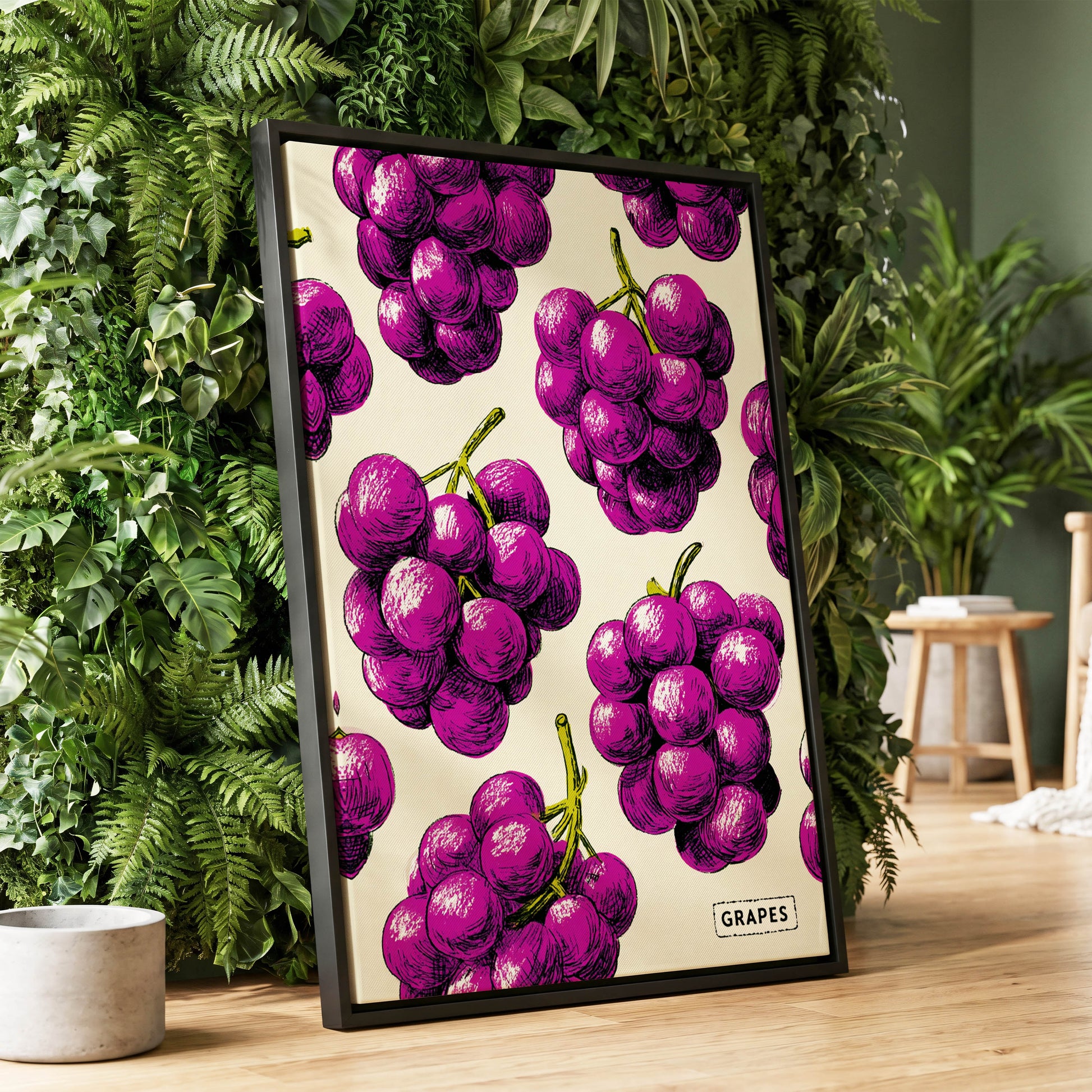Electric Grape Harvest, purple, pink, black nature wall art displayed in a styled interior, gallery view 1
