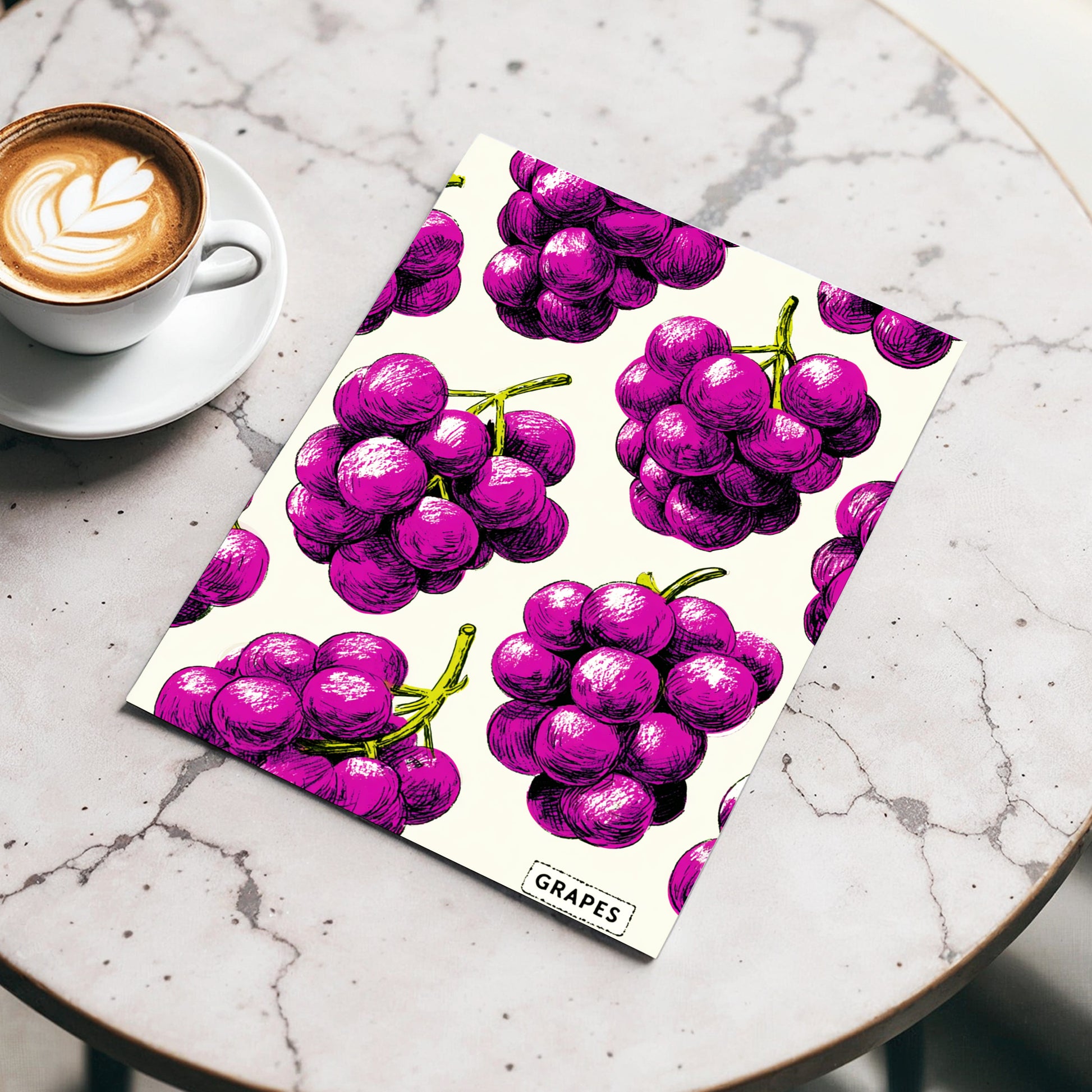 Electric Grape Harvest, purple, pink, black nature wall art displayed in a styled interior, gallery view 3