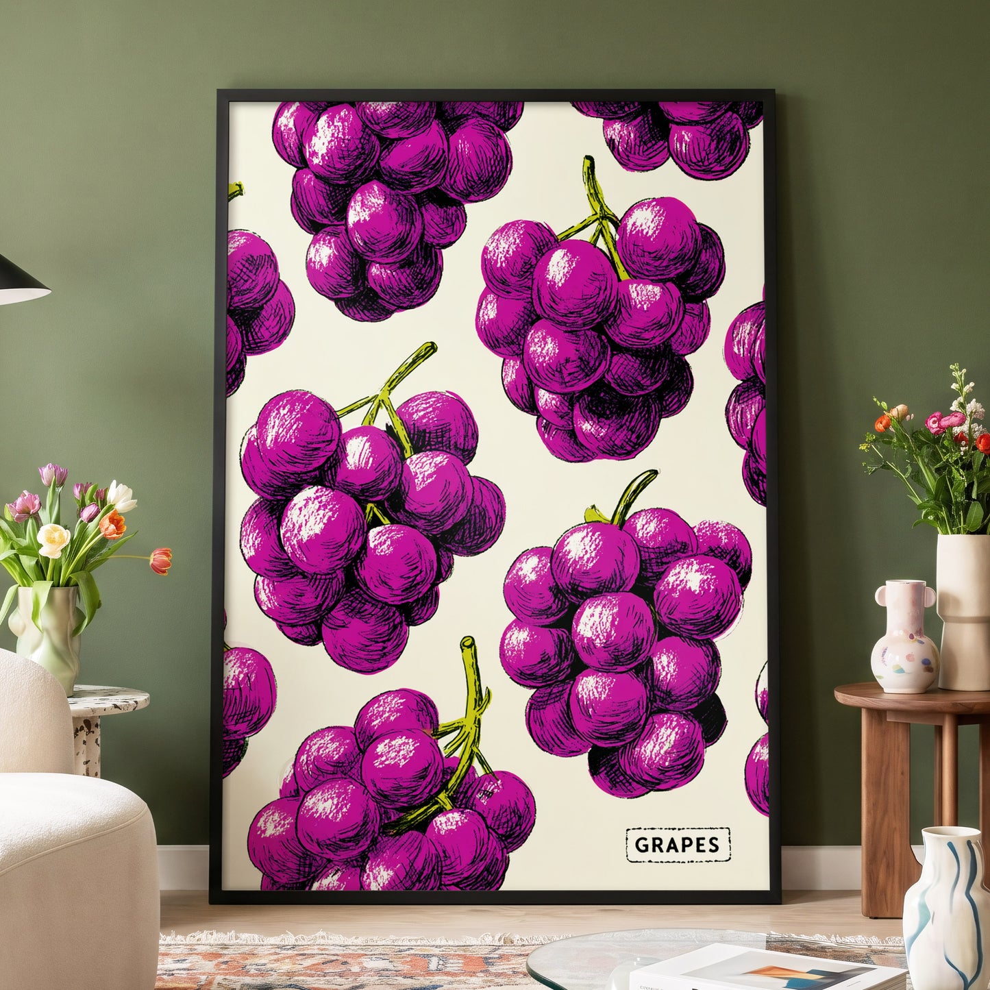 Electric Grape Harvest, purple, pink, black nature wall art displayed in a styled interior, gallery view 4