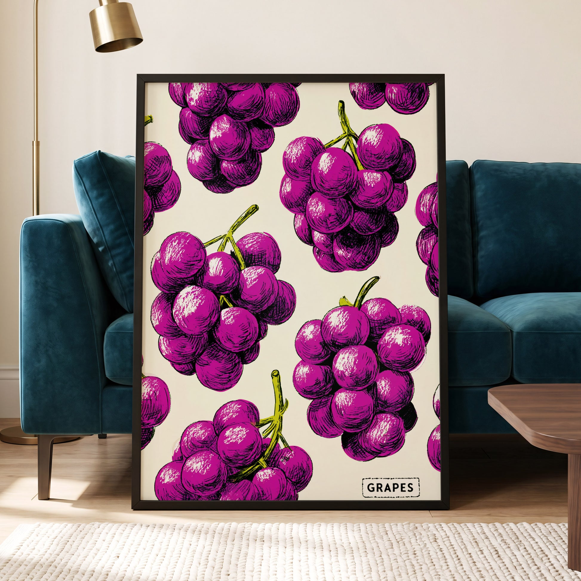 Electric Grape Harvest, purple, pink, black nature wall art displayed in a styled interior, gallery view 5