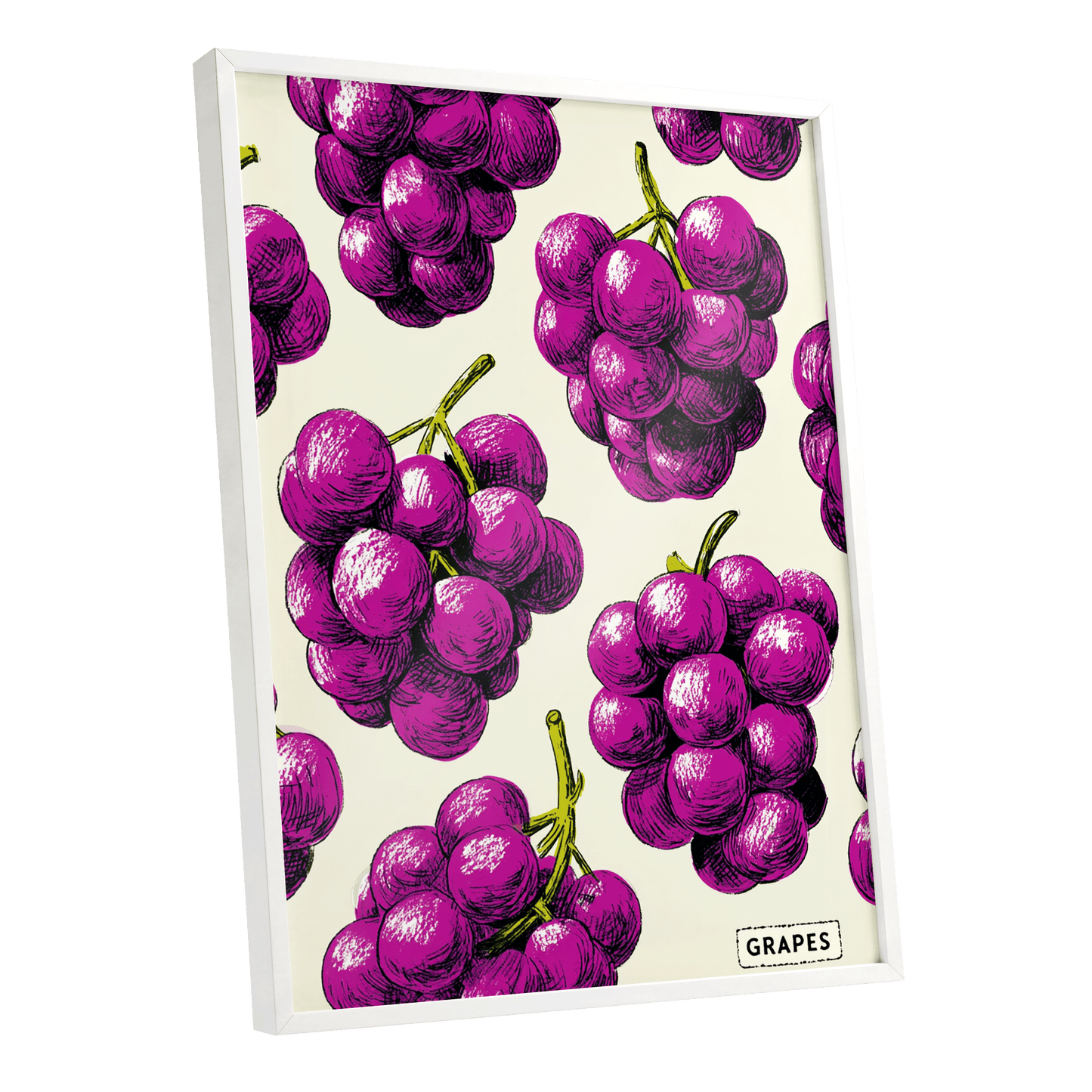 Electric Grape Harvest, purple, pink, black nature wall art shown as a white framed poster wall art print