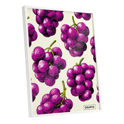 Electric Grape Harvest, purple, pink, black nature wall art shown as a white framed poster wall art print