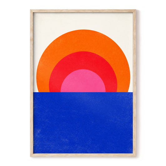 Electric Horizon, blue, orange, red minimalist wall art, front artwork view
