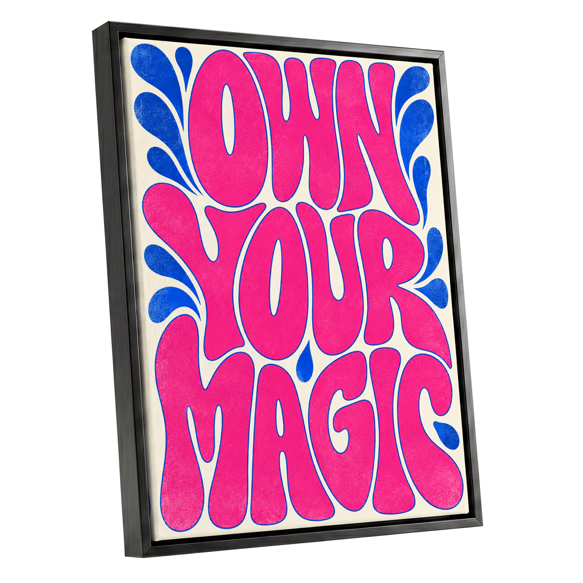 Electric Magic, pink, blue, beige abstract wall art shown as a black framed canvas wall art
