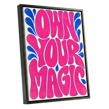 Electric Magic, pink, blue, beige abstract wall art shown as a black framed canvas wall art