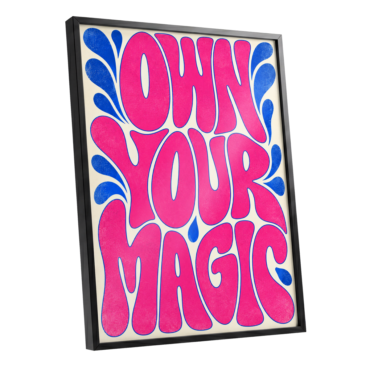 Electric Magic, pink, blue, beige abstract wall art shown as a black framed poster wall art print