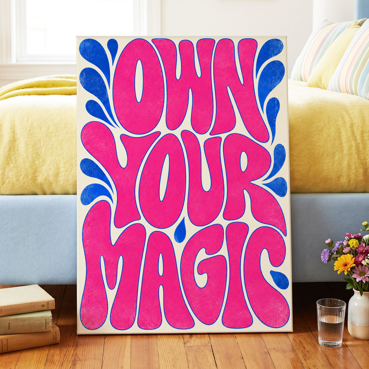 Electric Magic, pink, blue, beige abstract wall art on canvas displayed in a styled interior, gallery view 2