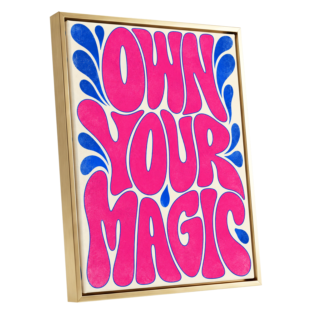 Electric Magic, pink, blue, beige abstract wall art shown as a gold framed canvas wall art