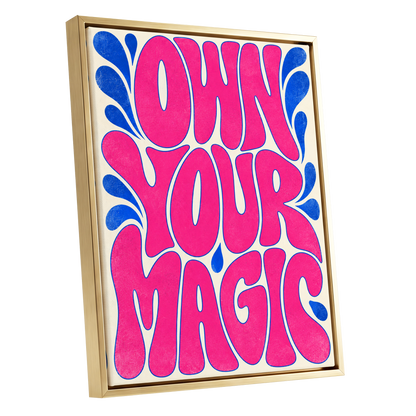 Electric Magic, pink, blue, beige abstract wall art shown as a gold framed canvas wall art