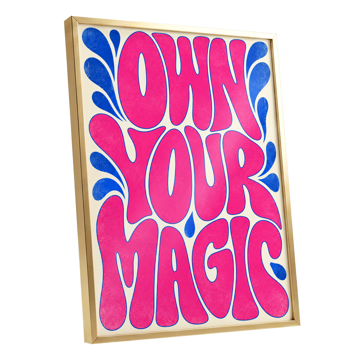 Electric Magic, pink, blue, beige abstract wall art shown as a gold framed poster wall art print