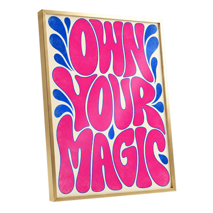 Electric Magic, pink, blue, beige abstract wall art shown as a gold framed poster wall art print