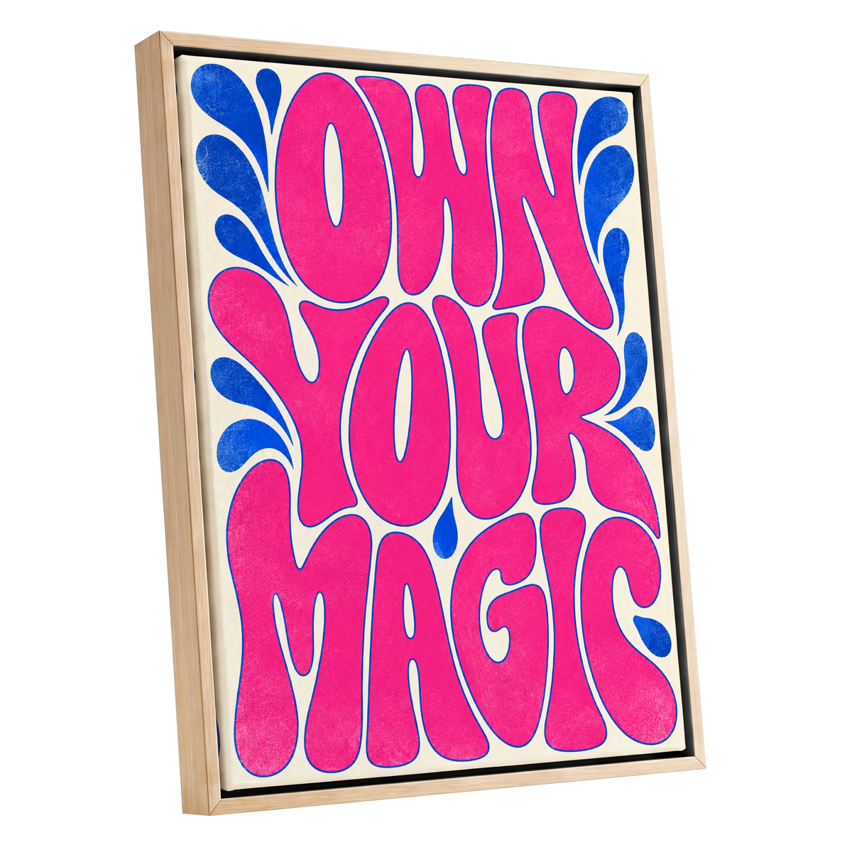 Electric Magic, pink, blue, beige abstract wall art shown as a oak framed canvas wall art