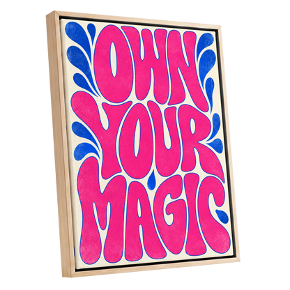 Electric Magic, pink, blue, beige abstract wall art shown as a oak framed canvas wall art
