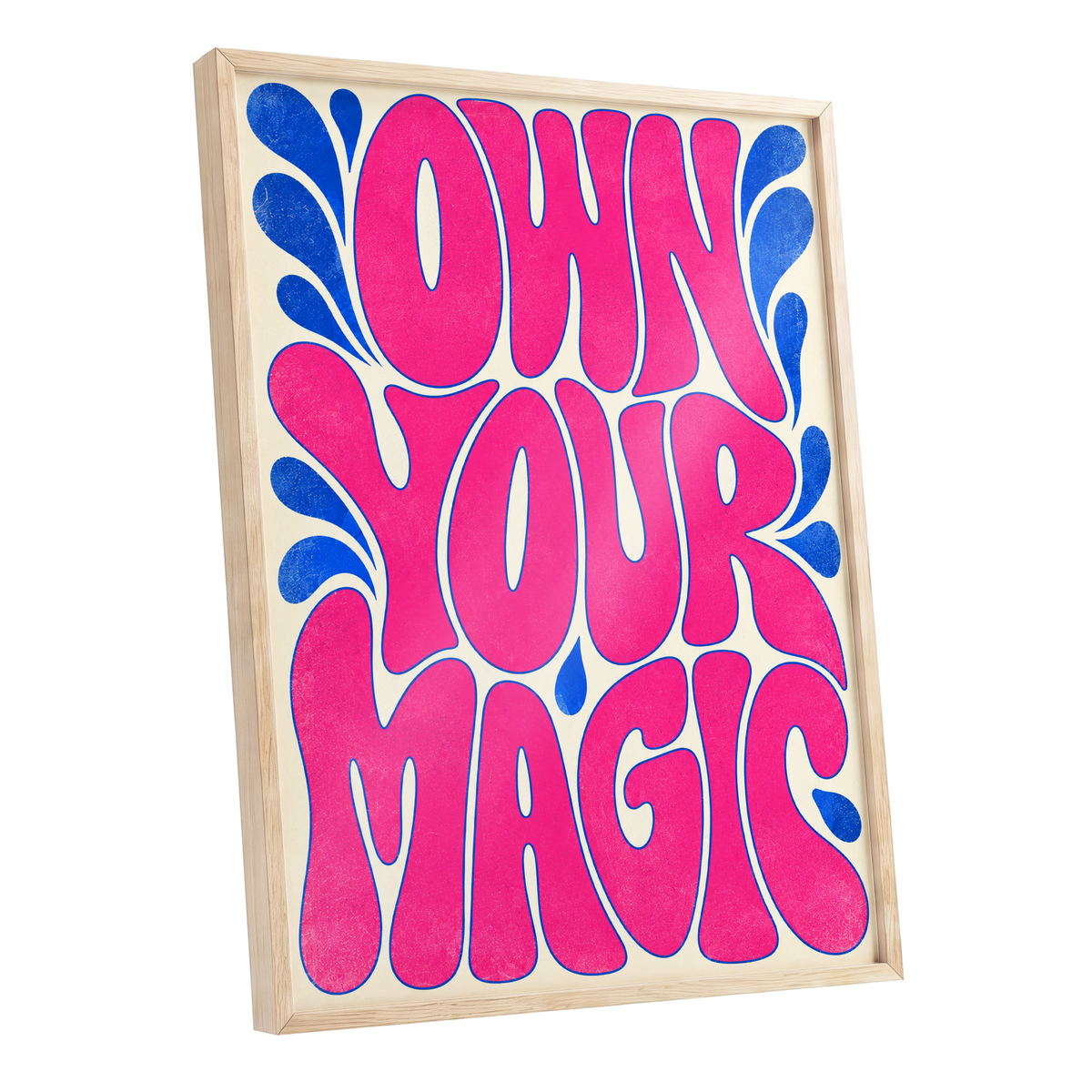 Electric Magic, pink, blue, beige abstract wall art shown as a oak framed poster wall art print